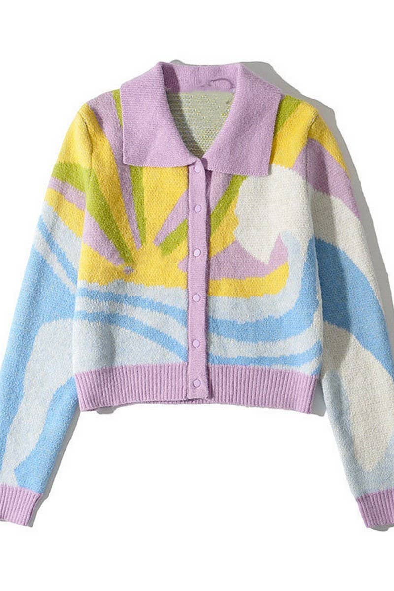 Jacquard lapel single breasted sweater cardigan