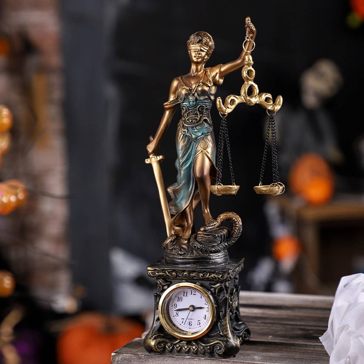 Vintage Lady Justice Resin Clock Sculpture_CWAJE5285