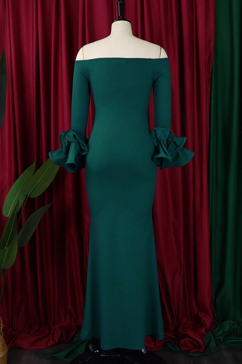 CWDMD1729_ONE SHOULDER SLIT RUFFLE SLEEVE EVENING MAXI DRESS