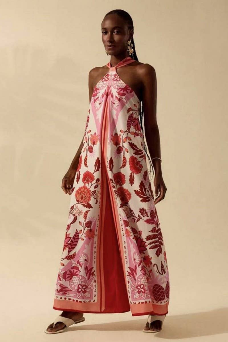 CWBLP2033_FLORAL HALTER SLEEVELESS WIDE LEG PANTS