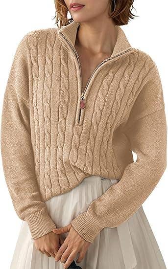Semi-high neck zipper ribbed twist knit sweater