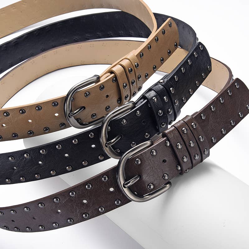 Retro punk double-row riveted pin buckle belt
