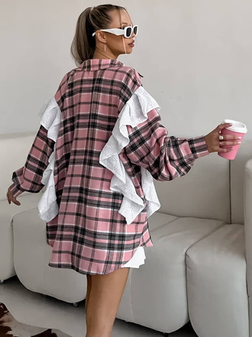 RUFFLED PATCHWORK BAGGY PLAID THICKENED SHIRT
