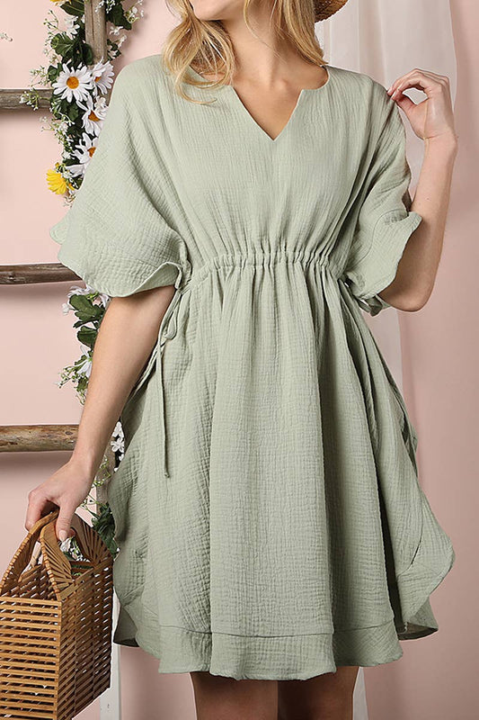 CWDSD10360_DRAWSTRING WAIST SOFT COTTON RUFFLE HEM DRESS