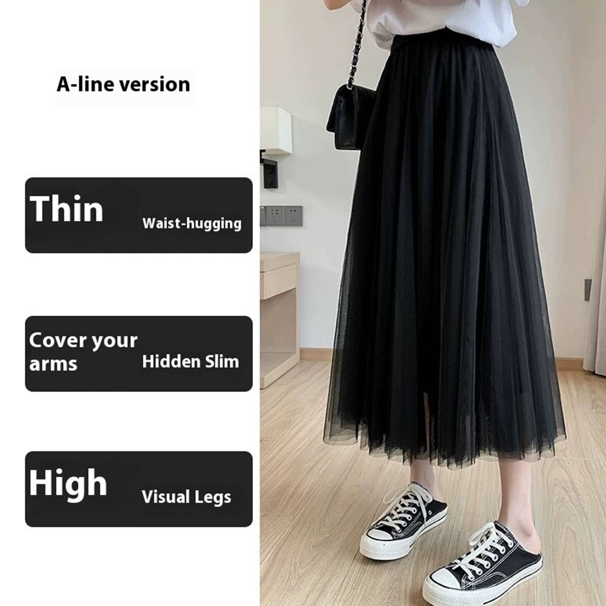 SOLID COLOR ELASTIC-WAIST MESH TULLE A-LINE SKIRT_CWBLS0372