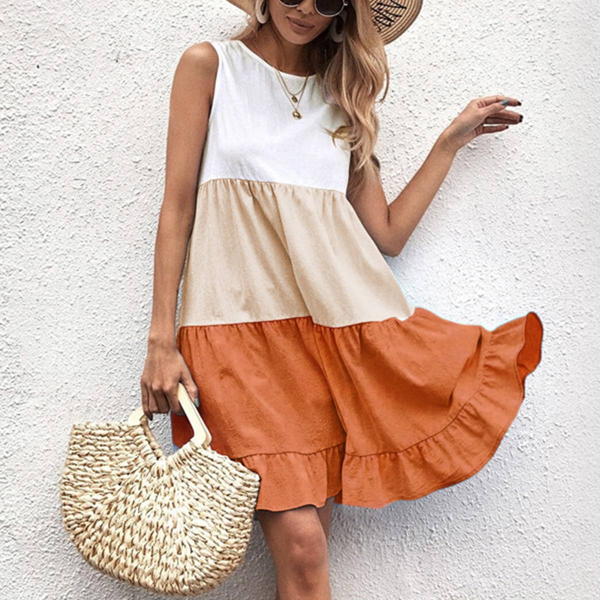 PATCHWORK COLOR CONTRAST RUFFLED SLEEVELESS DRESS_CWDSD3274