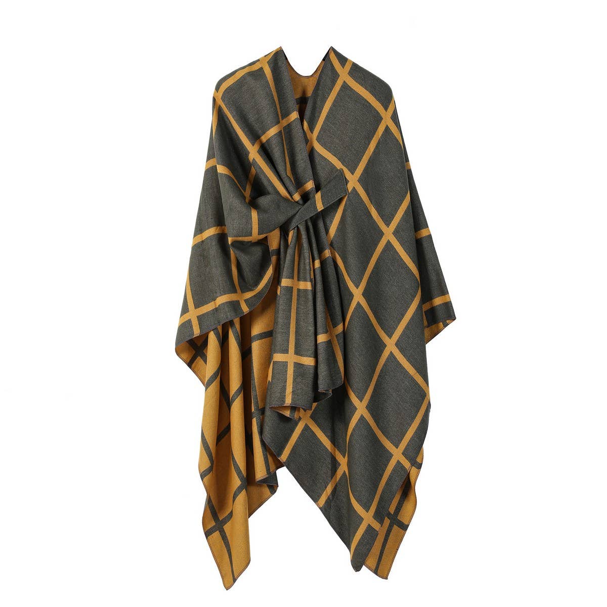 SIDE-STRAP SHAWL PLAID SLIT CAPE WARM SCARF