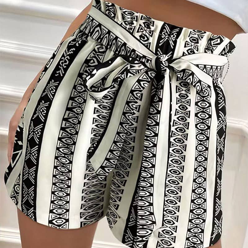 Printed High Waist Belted Slim Fit Casual Shorts
