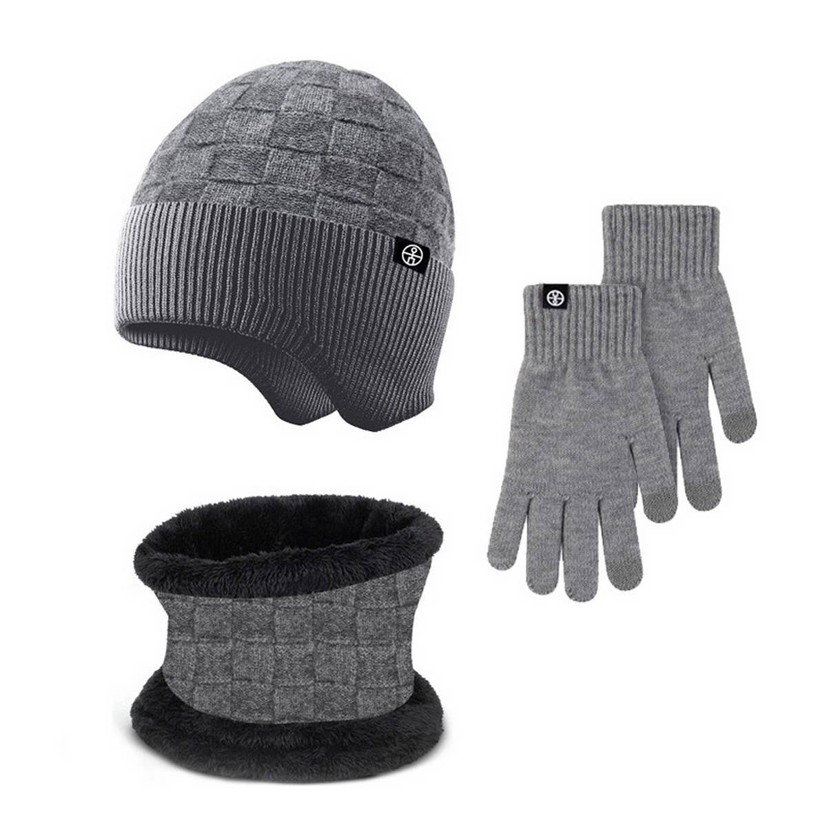 WINTER OUTDOOR FLEECE KNITTED HAT THREE PIECE SET