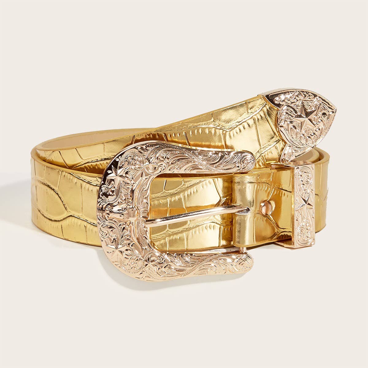 HORSESHOE BUCKLE GOLD LEATHER BELT_CWABE0448