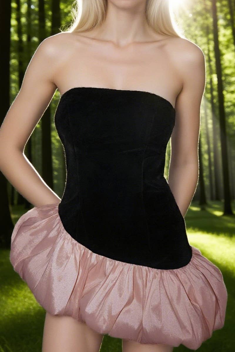 CWDSD8902_ELEGANT TUBE-TOP SLEEVELESS PATCHWORK PUFFY DRESS