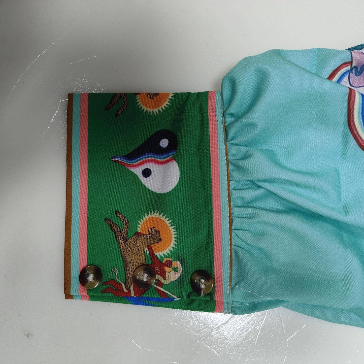 Lantern sleeve print lapel waist swing dress