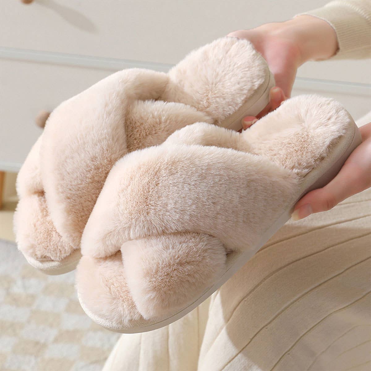 Cross style Faux rabbit fur slippers For Women