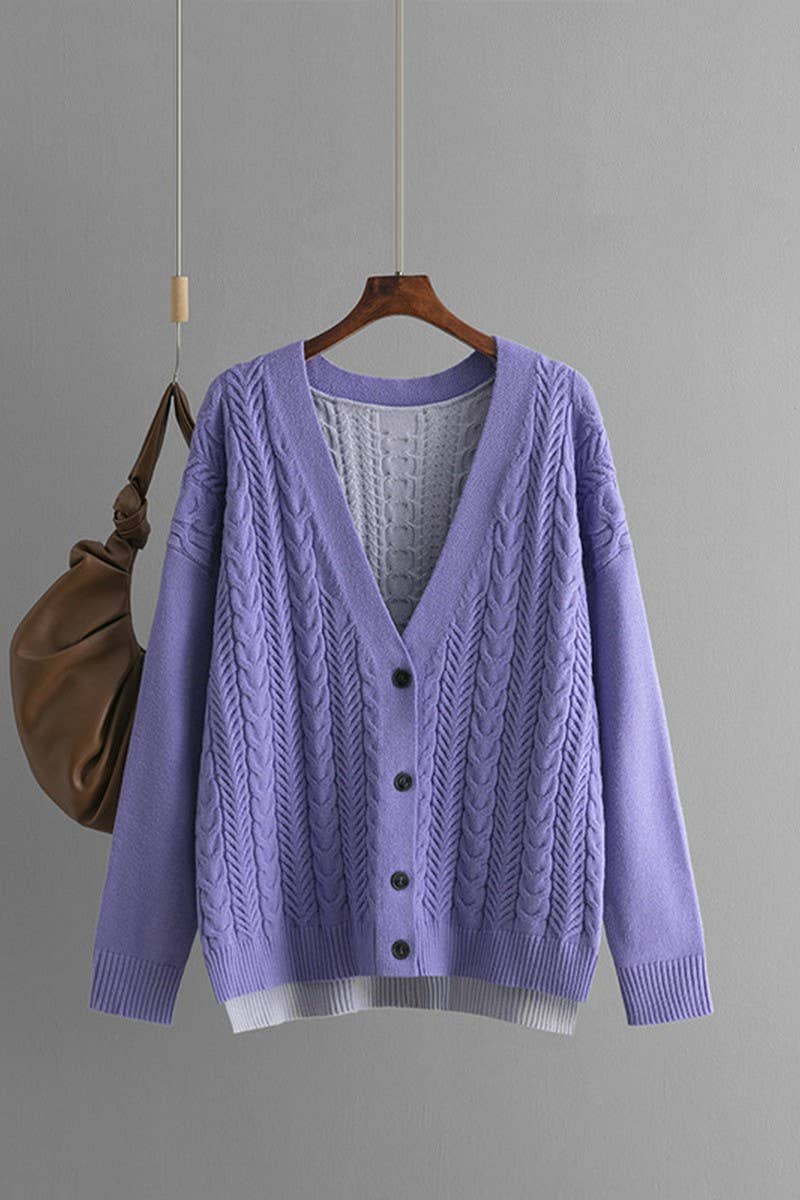 CWOCAL00678_LOOSE COLORBLOCK CABLE V NECK KNIT CARDIGAN