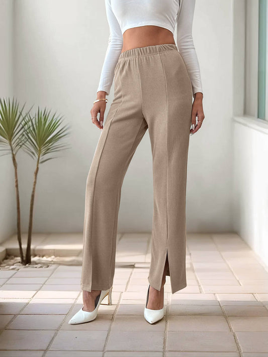 Solid-color slit straight-leg versatile pants