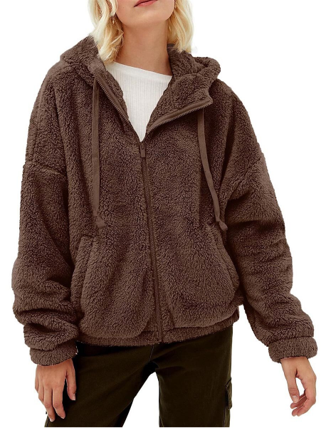 SOLID COLOR CASUAL PLUSH ZIPPER HOODED COAT