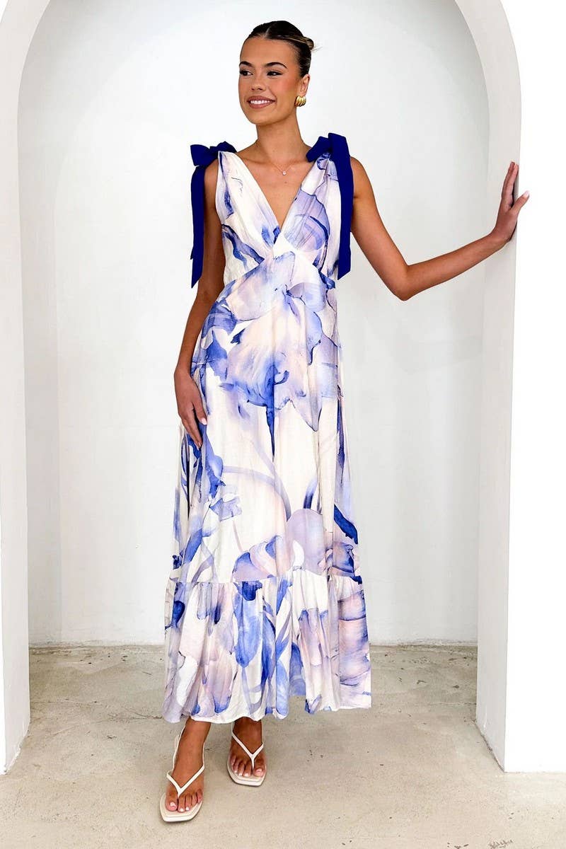 CWDMD5219_TIE-BACK V-NECK SLEEVELESS FLORAL MAXI DRESS