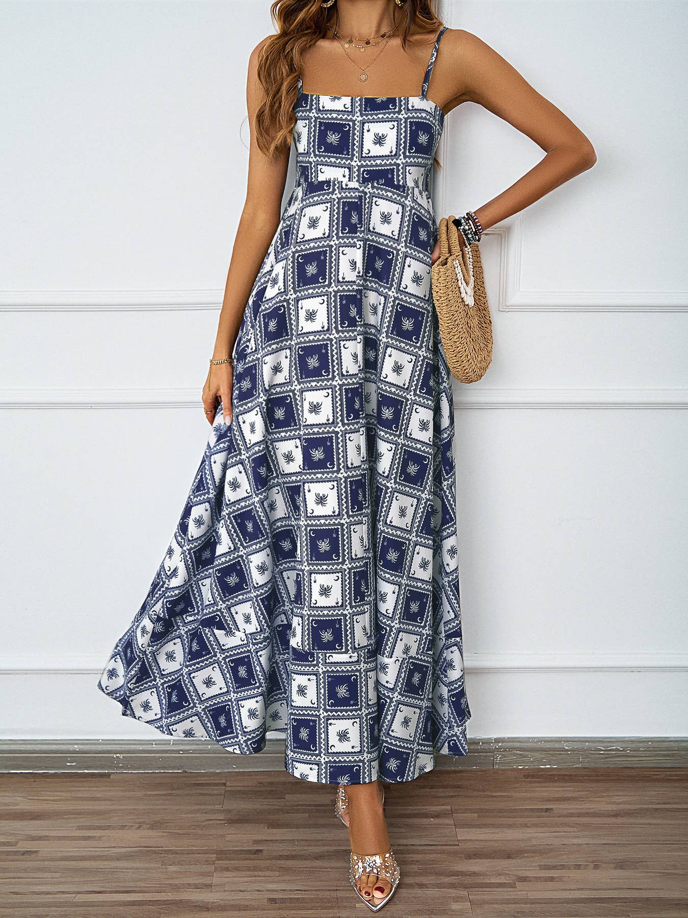 PRINTED HALTER HALTER HIGH-WAISTED A-LINE DRESS
