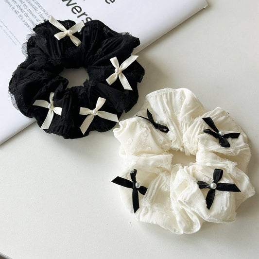 CONTRAST COLOR BOW PEARL LACE HAIR TIE