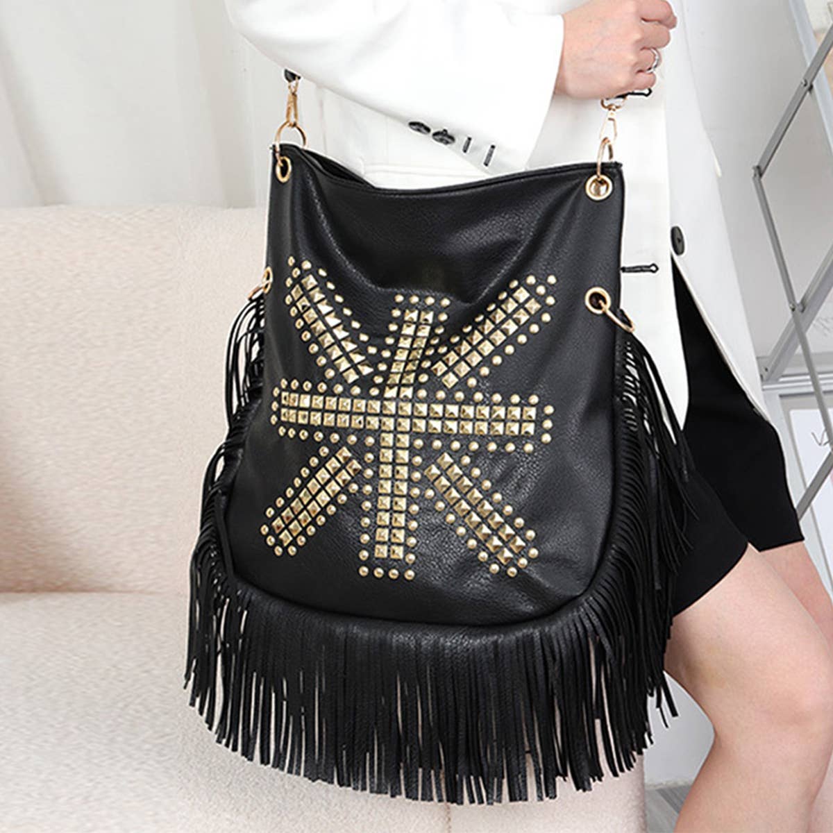 WOMEN RIVET SOFT LEATHER PORTABLE SHOULDER BAG_CWAB0785