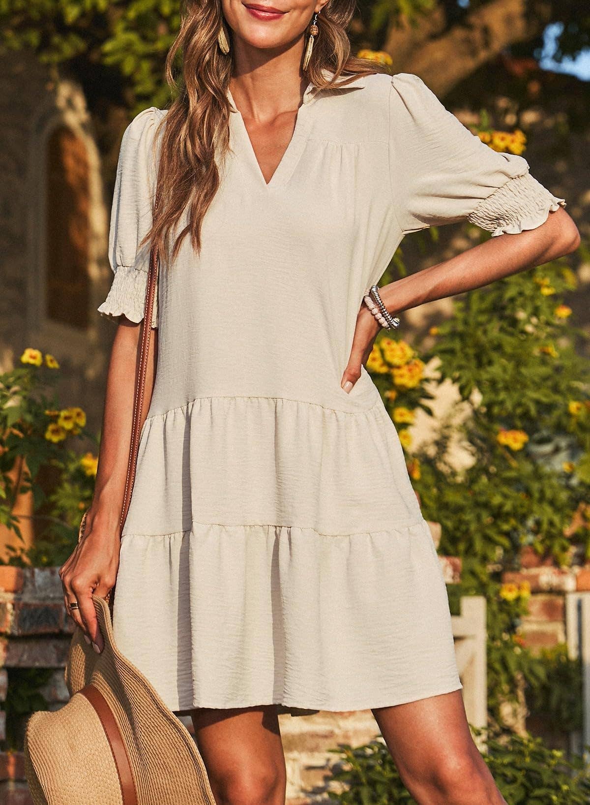 Women¡¯s V-neck colorblock puff sleeve dress