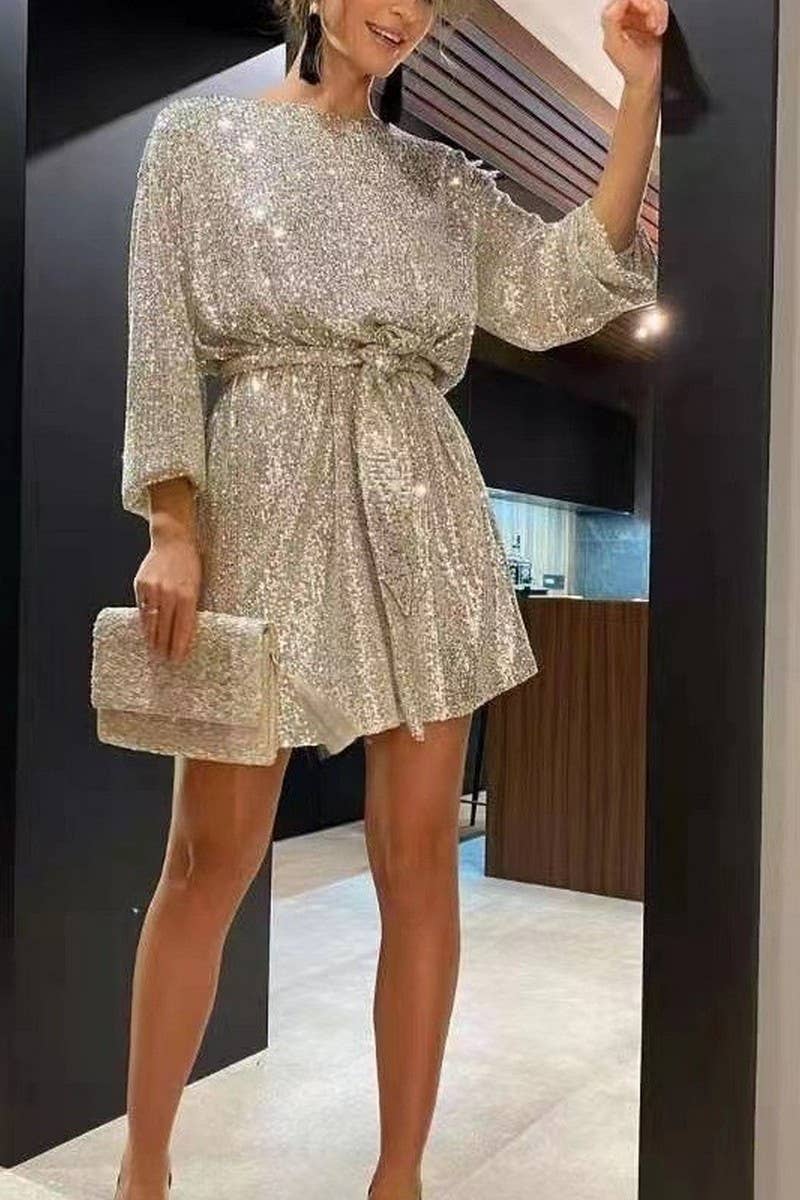CWDSD7948_CHIC SEQUIN TIE-WAIST CREW NECK MINI DRESS