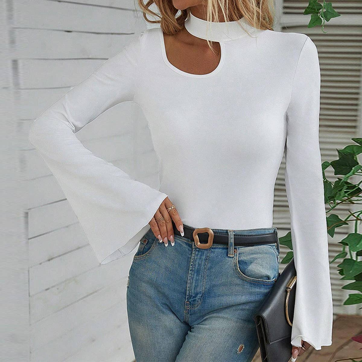 LONG SLEEVE SEXY HOLLOW-OUT FLARED SLEEVE T-SHIRT