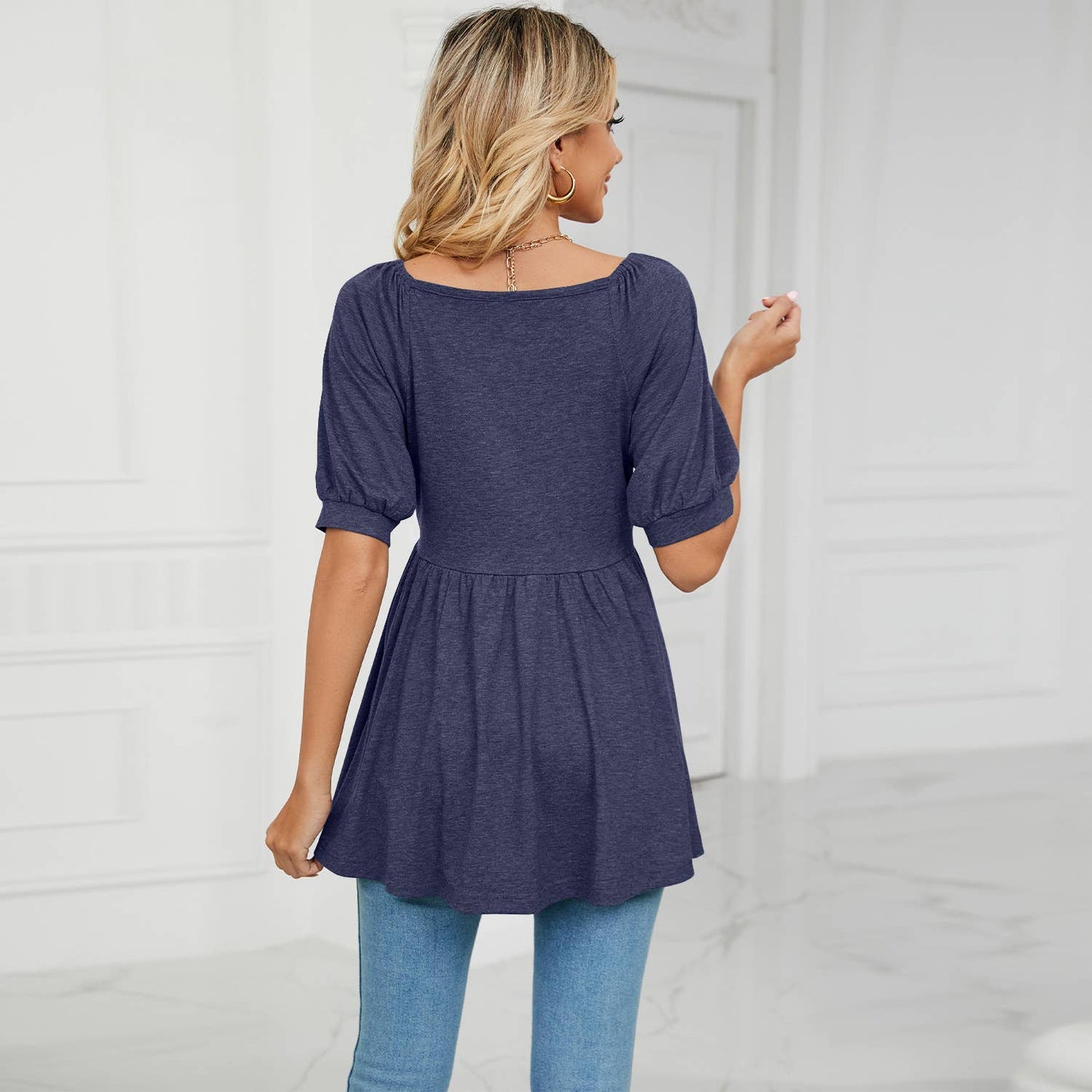 V-NECK BUBBLE SHORT SLEEVE T-SHIRT TUNIC