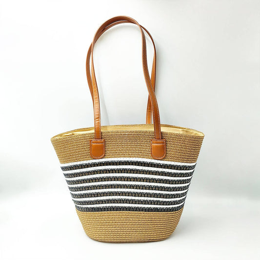 HOLLOW STRIPED ONE-SHOULDER BEACH STRAW BAG_CWAB1867