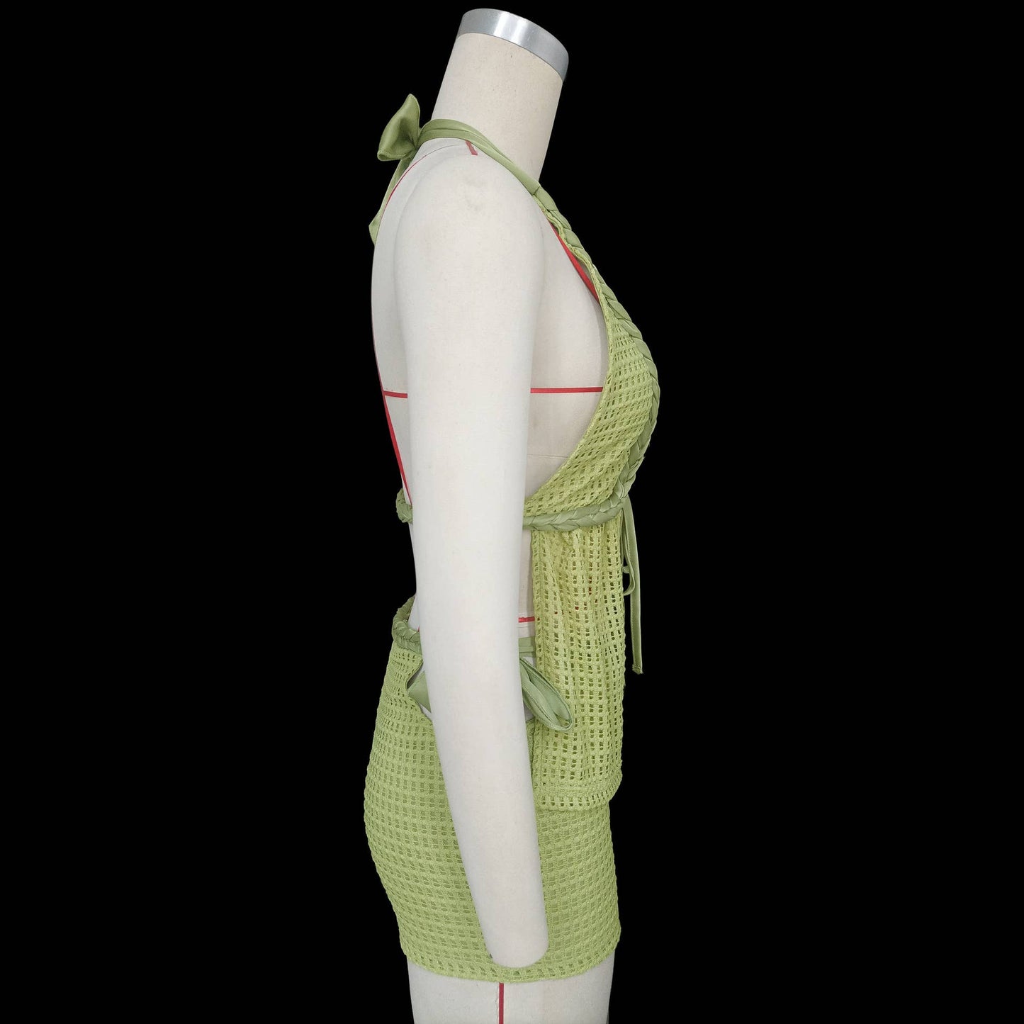 Knitted hollowed-out bikini top short skirt set