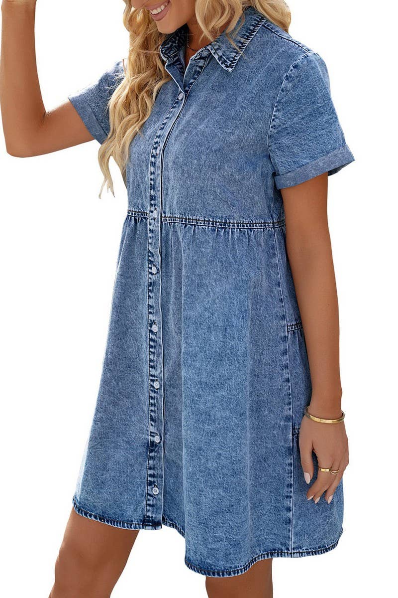 CWDSD5998_DENIM CASUAL SHORT-SLEEVED MIDI DRESS