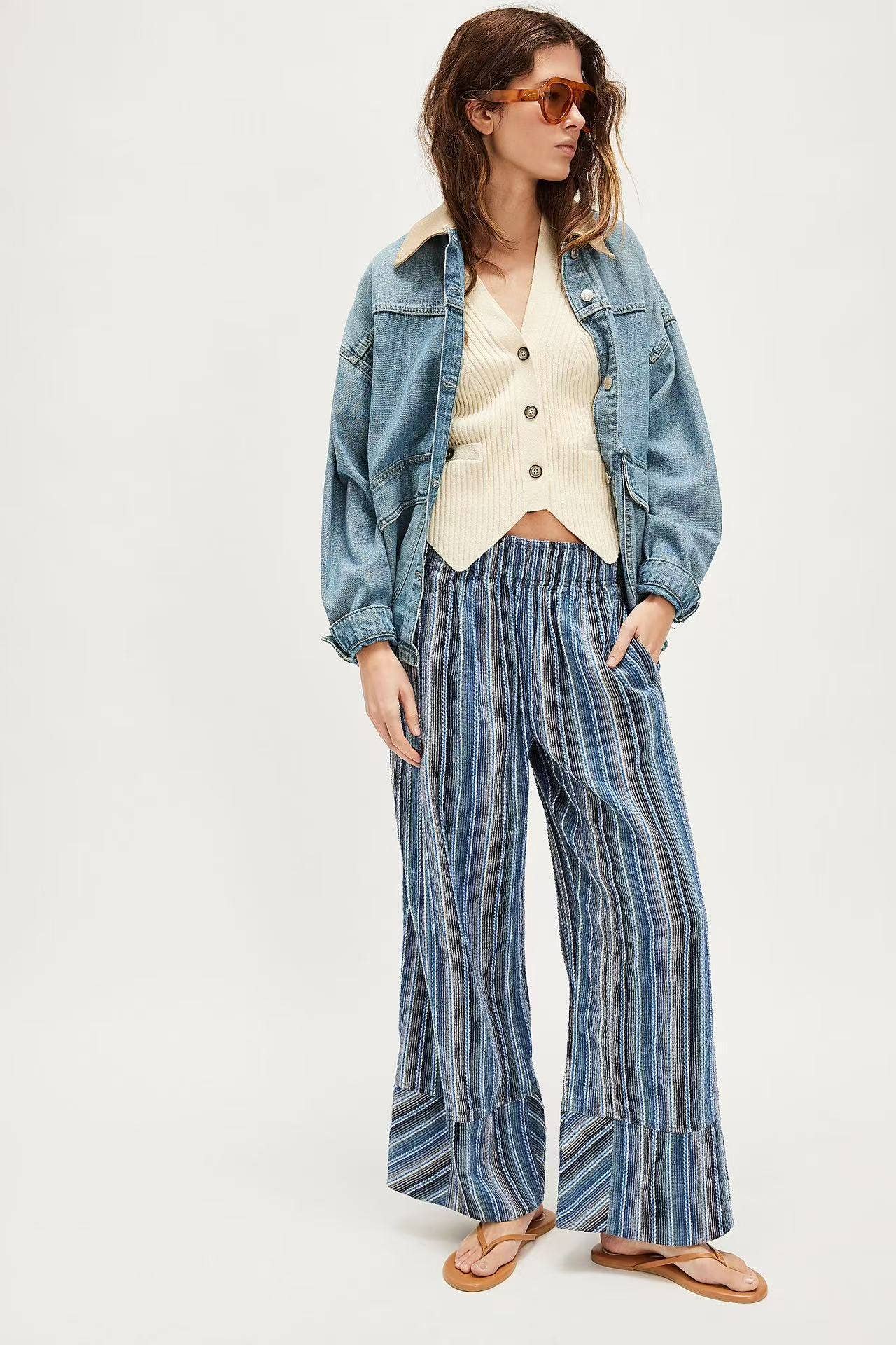 Loose,casual high-waisted striped wide-leg pants