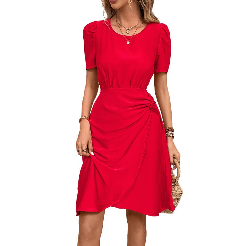 Solid color round neck mid-length dress
