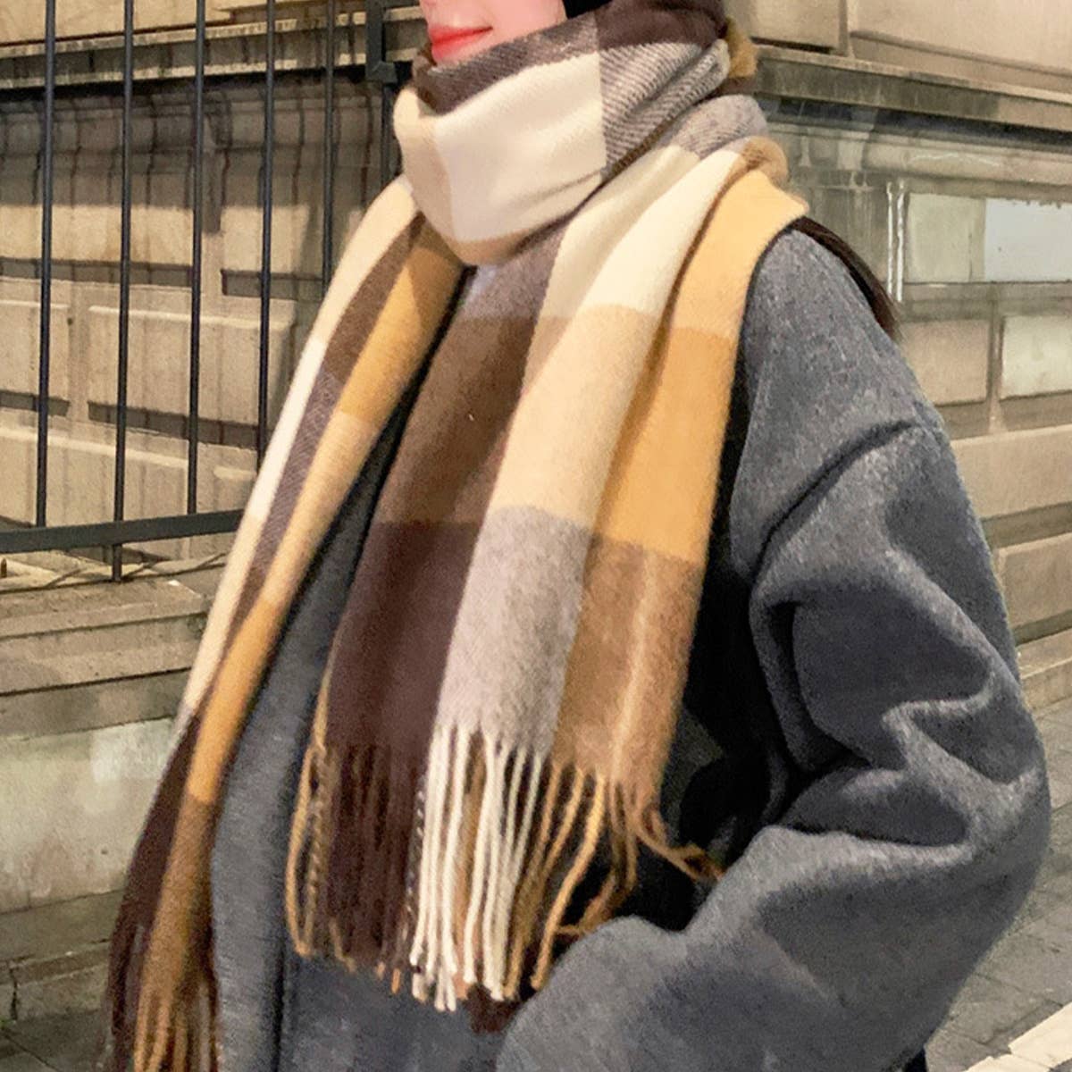 Faux Cashmere Plaid Scarf with Tassels for Men