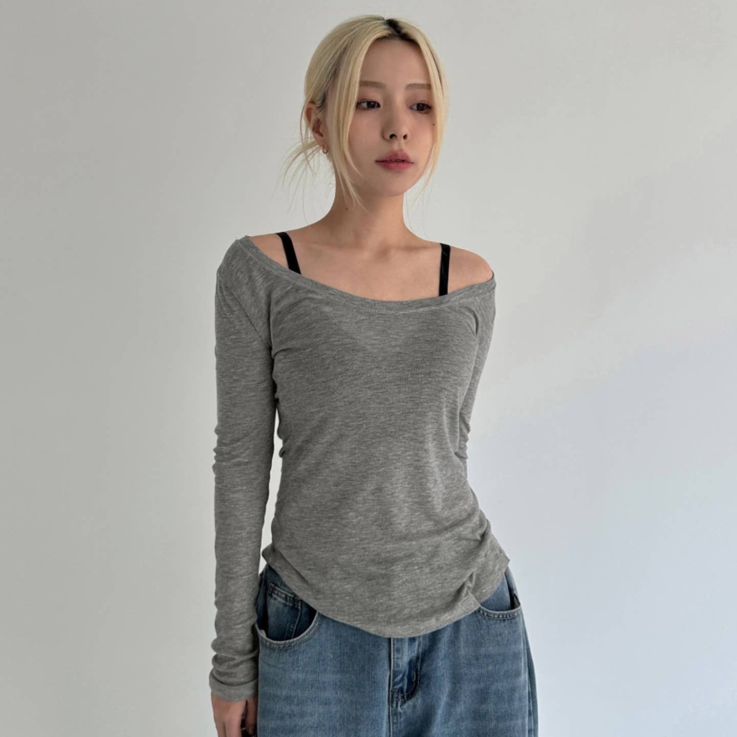 Simple long-sleeved semi-transparent blouse