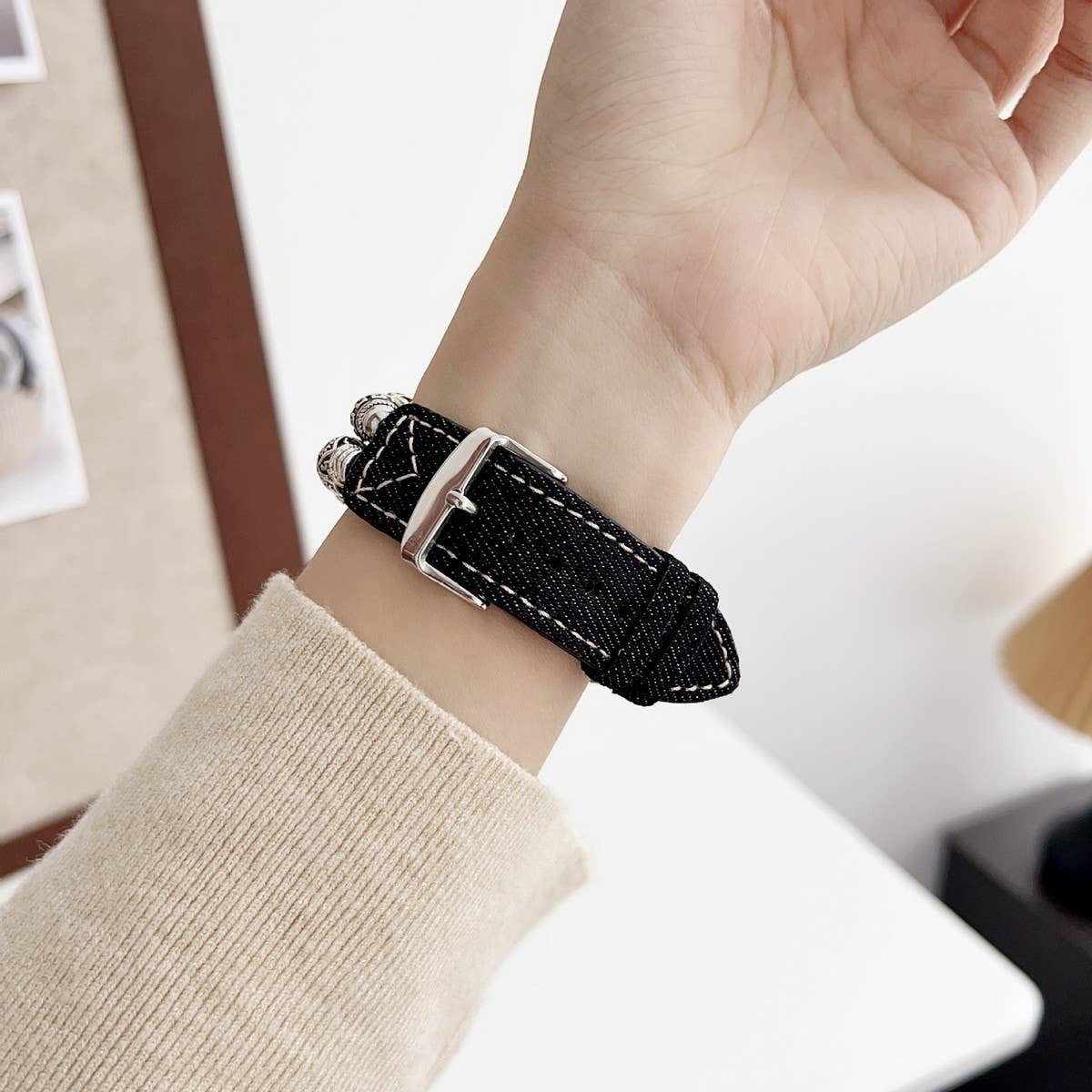 IWATCH9-1 TIBETAN SILVER DENIM LEATHER STRAP