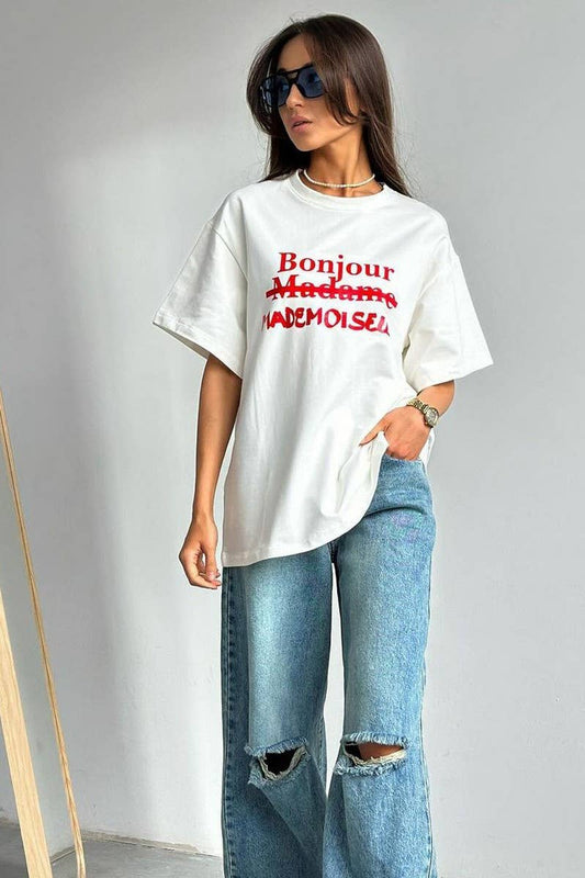Cwtts1274_Round Neck Letter Print Loose T-Shirt Top