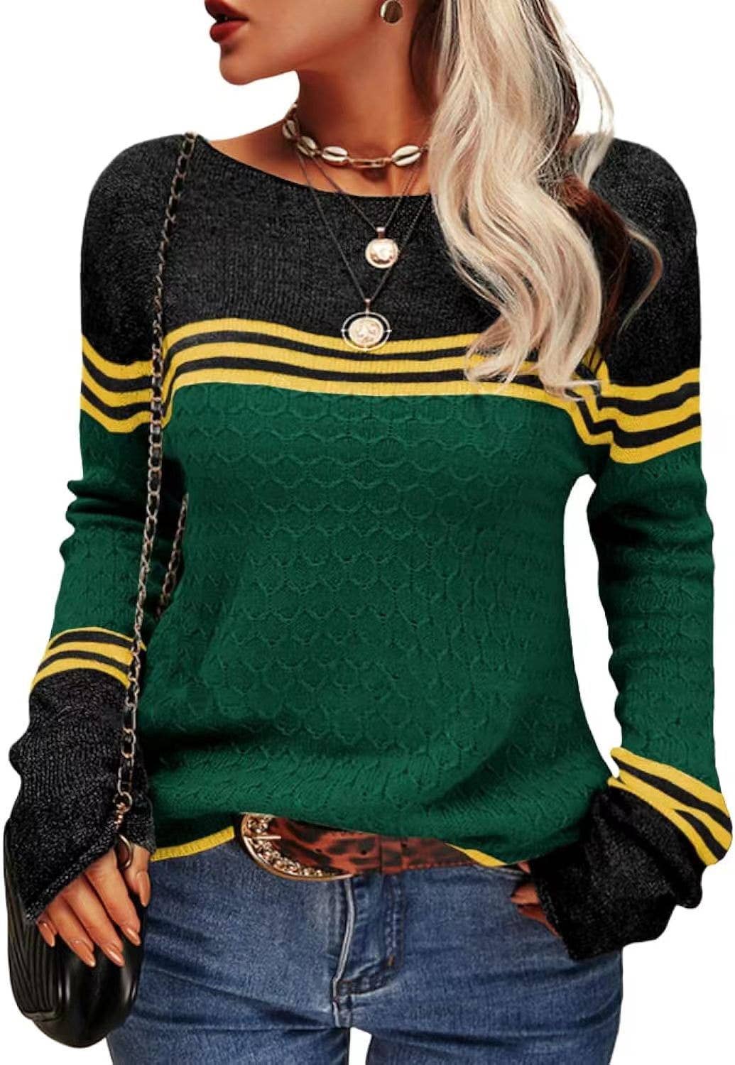 STYLISH CREW-NECK SWEATER WITH STRIPES AND COLORS