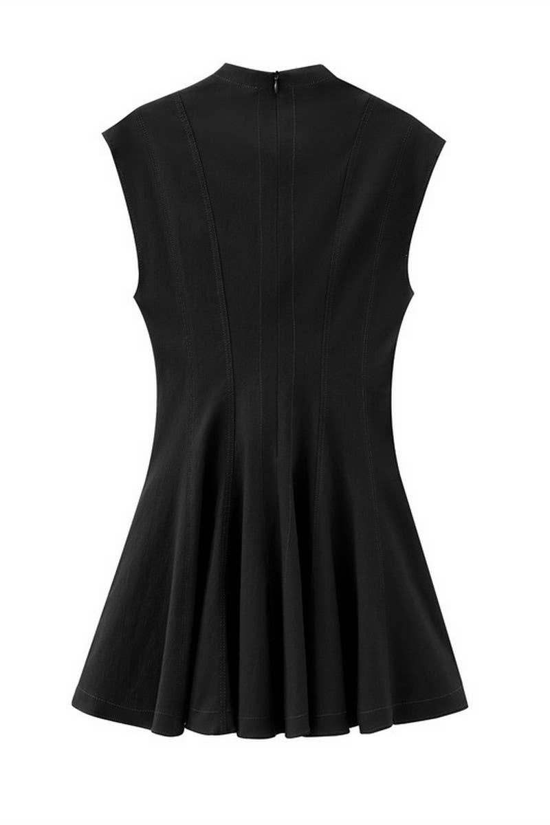 CWDSD6644_ROUND NECK SLEEVELESS SHORT PLEATED DRESS