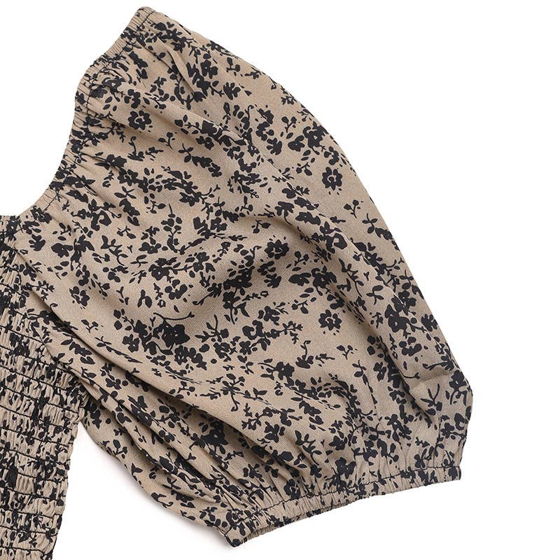 Printed jumpsuit with square collar puffed sleeve