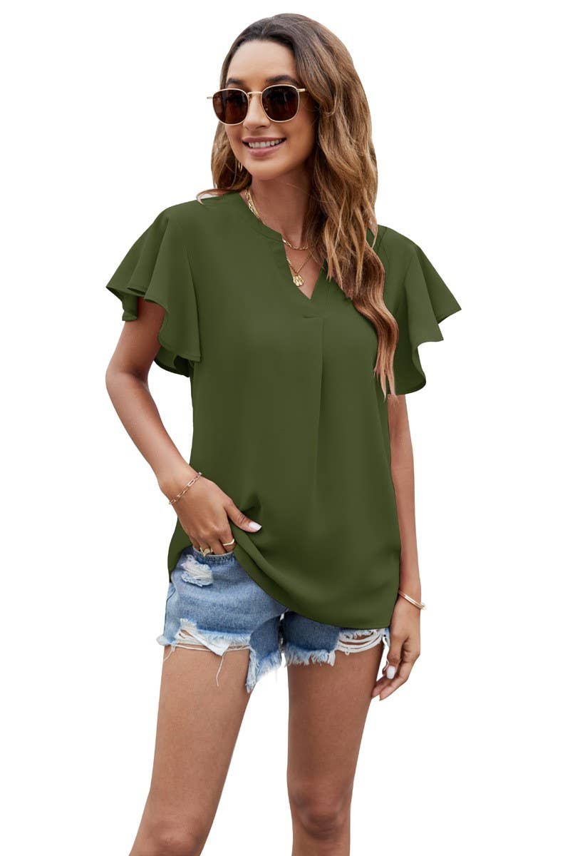 V NECK FLY SLEEVE SHORT SLEEVE CHIFFON TOP_CWTSTS0214