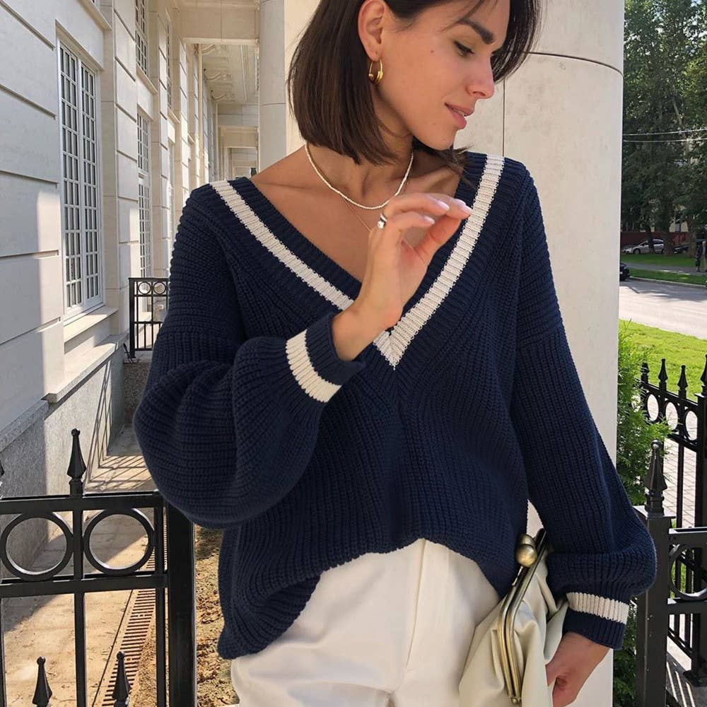 Fashion color-blocking patchwork knitted sweater