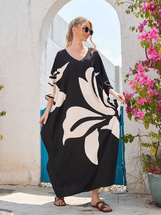 PRINTED BATSLEEVE GOWN LOOSE DRESS BIKINI BLOUSE