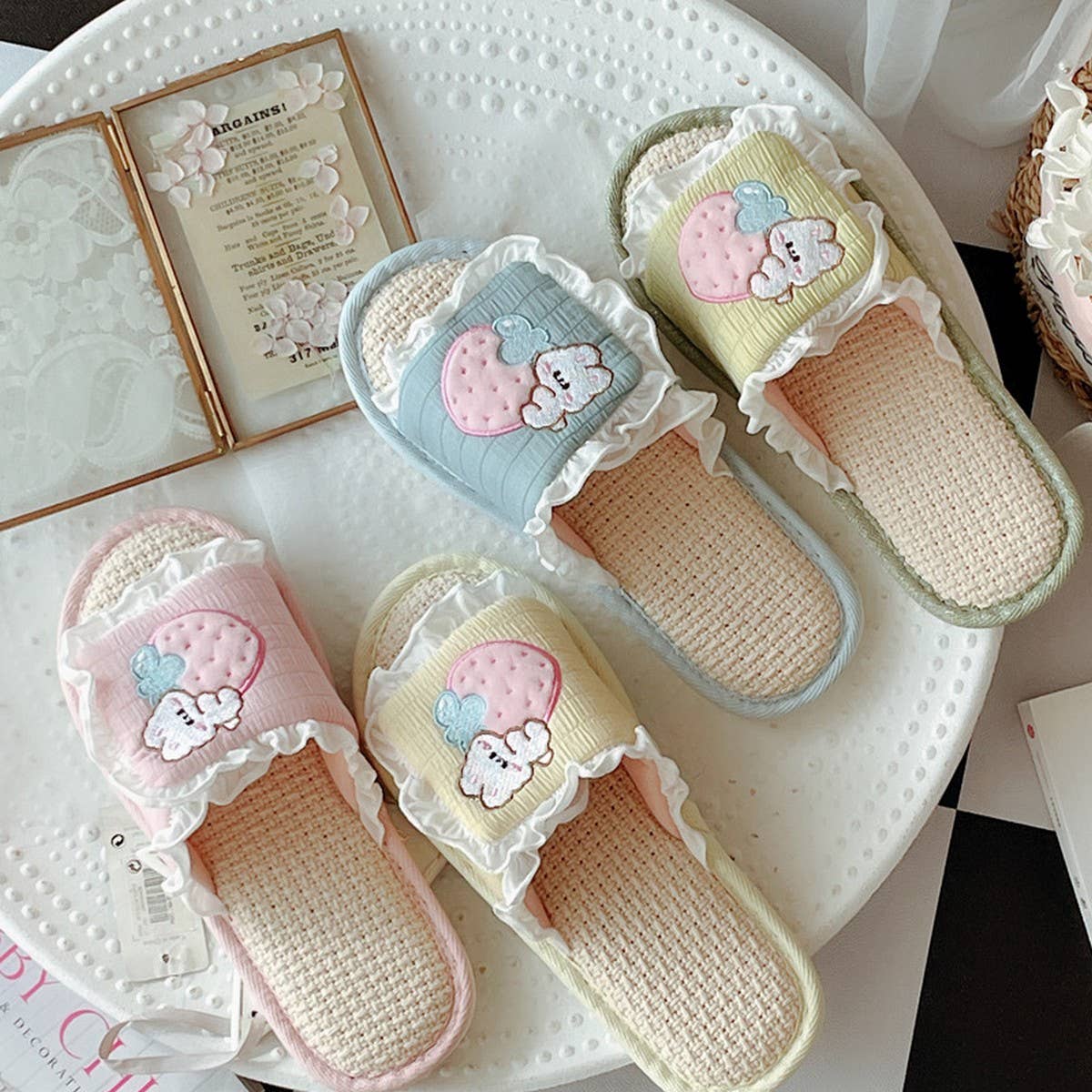 SWEET RUFFLED BREATHABLE LINEN SLIPPERS FOR WOMEN