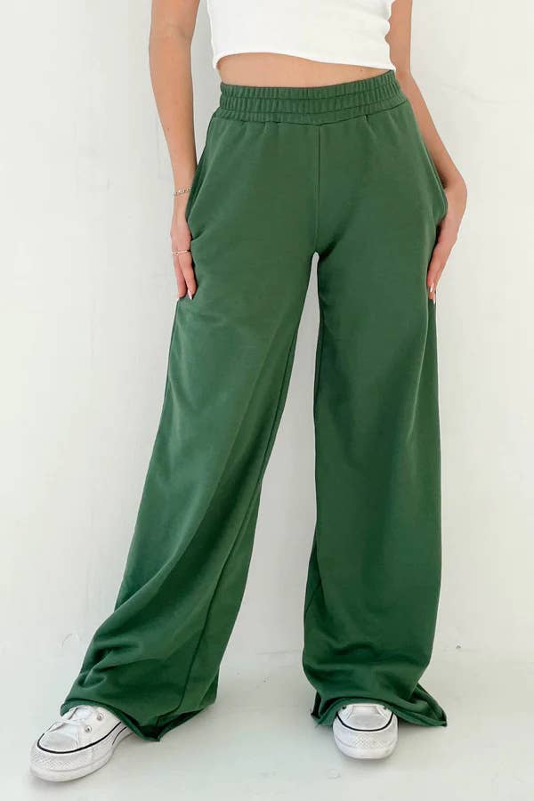 Simple stretched-waist straight-leg casual pants