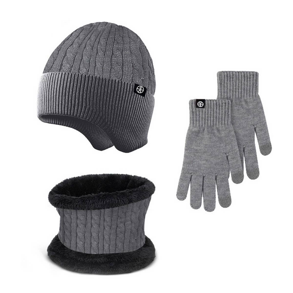 WINTER OUTDOOR FLEECE KNITTED HAT THREE PIECE SET