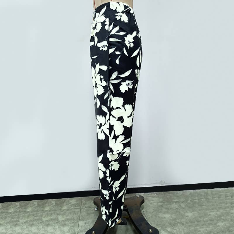 Leaf Print High Waist Wide Leg Trousers