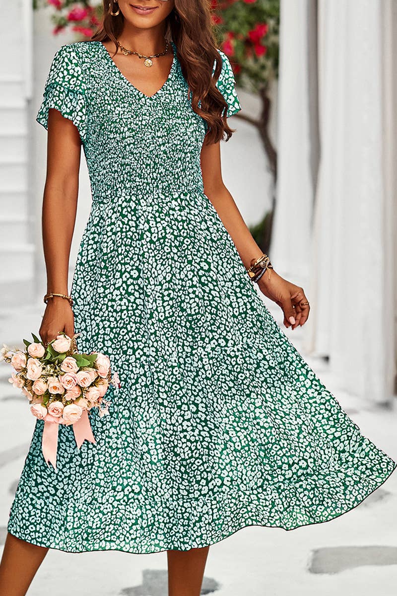 CWDMD1029_Smocking Detail 3/4 Sleeve Print Dresses