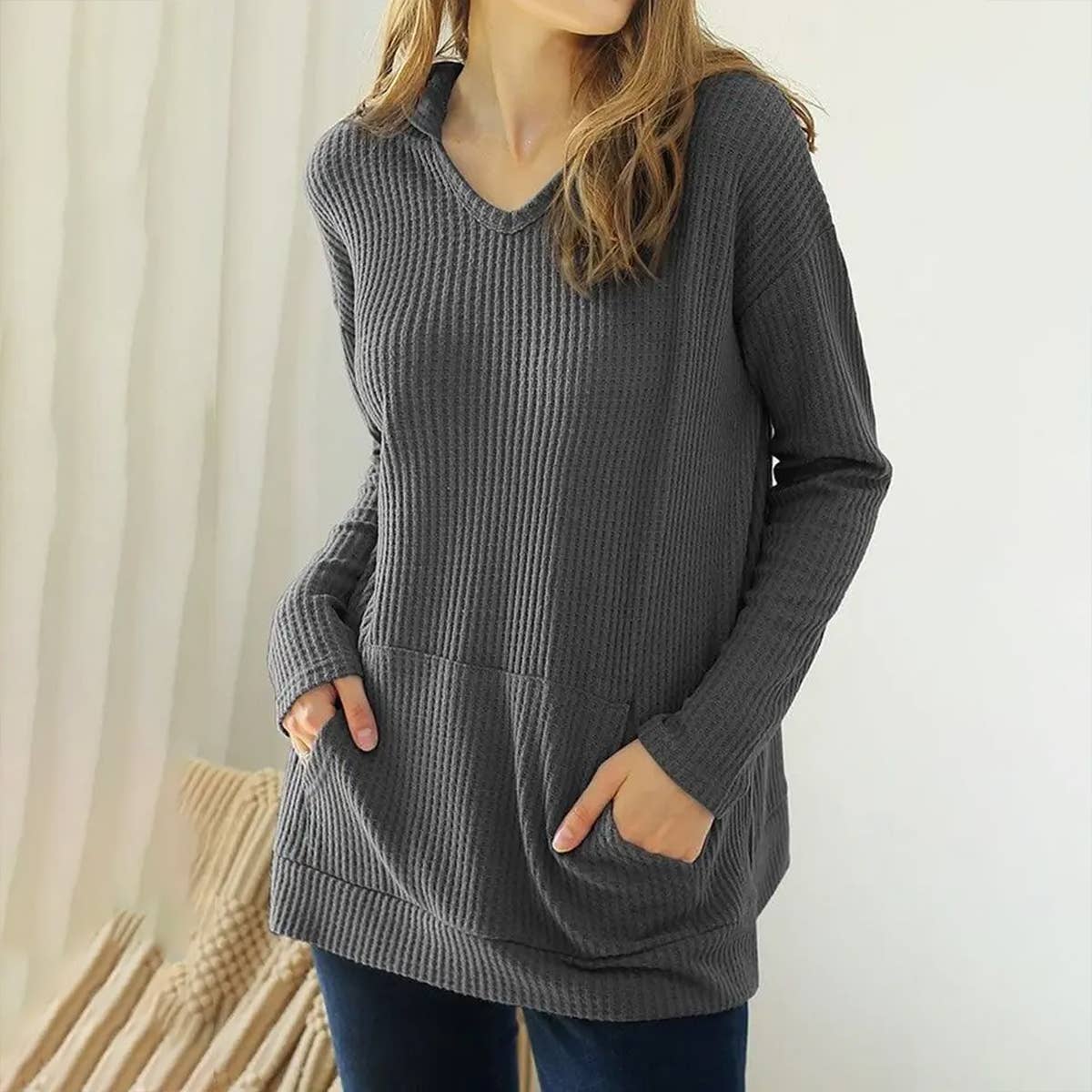 WOMEN SOLID KNIT HOODIE_CWTTL1414