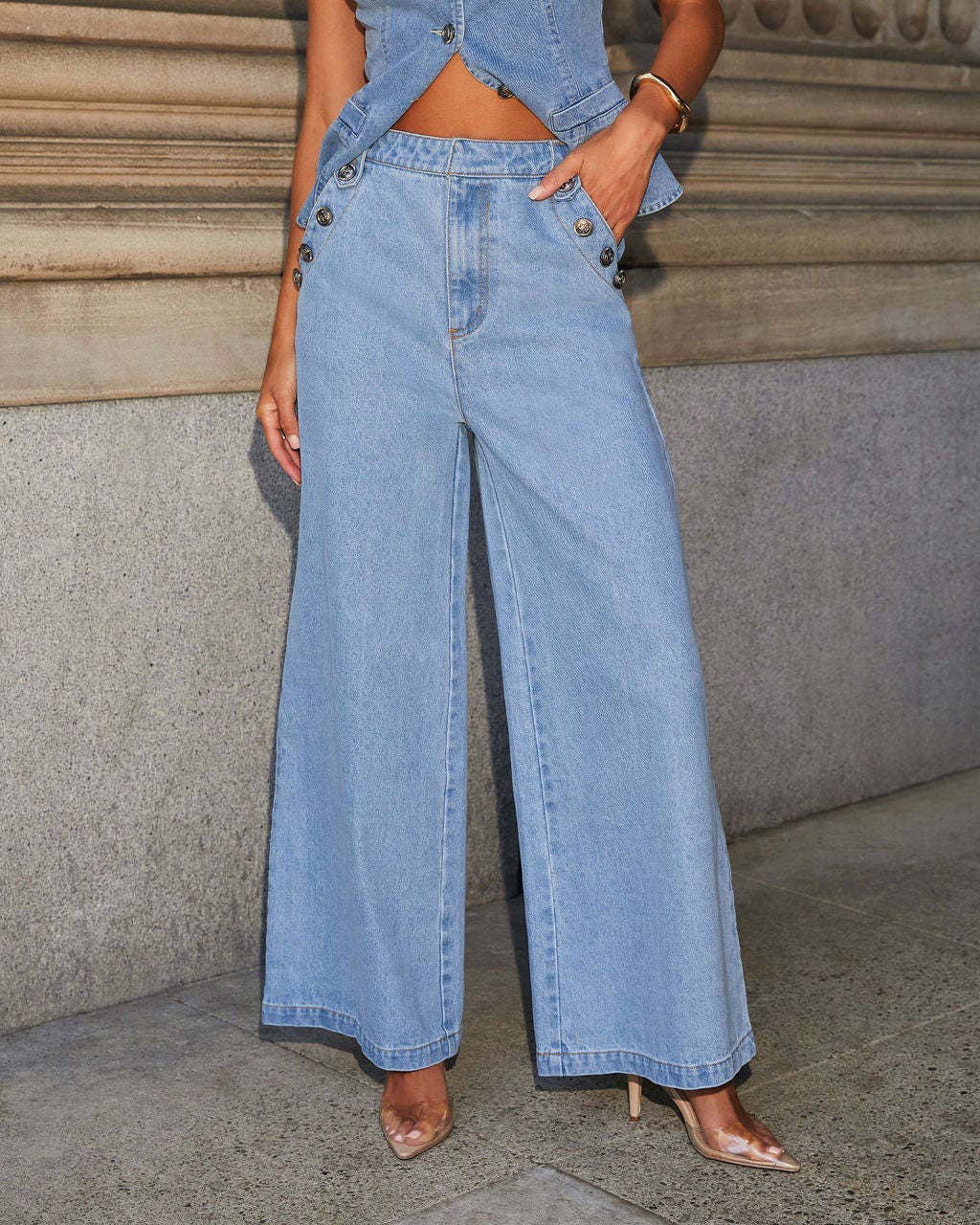 SOLID COLOR LOOSE DENIM WIDE LEG PANTS VEST SUIT